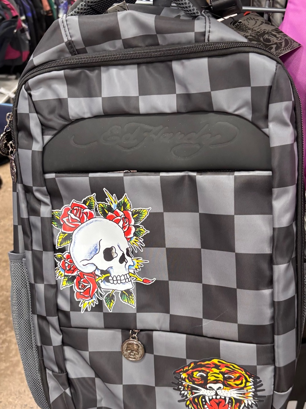 Ed Hardy Black and Gray Checkerboard Skull & Tiger Backpack